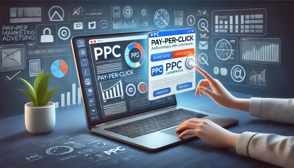 What is an Example of a PPC? A digital marketing concept showcasing PPC advertising with a laptop screen displaying an ad campaign in action.