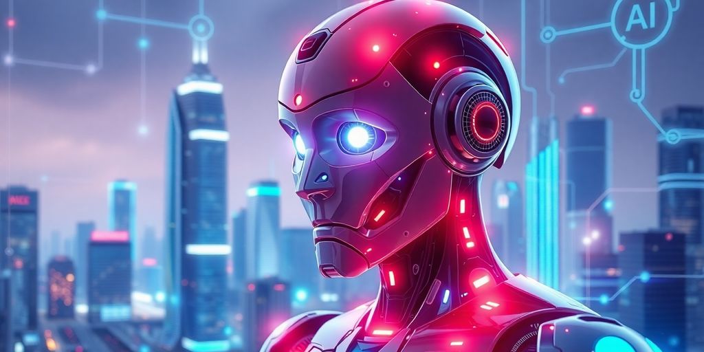 What Does AI Mean? A futuristic AI-powered humanoid robot with glowing red and blue lights, standing in a high-tech city.