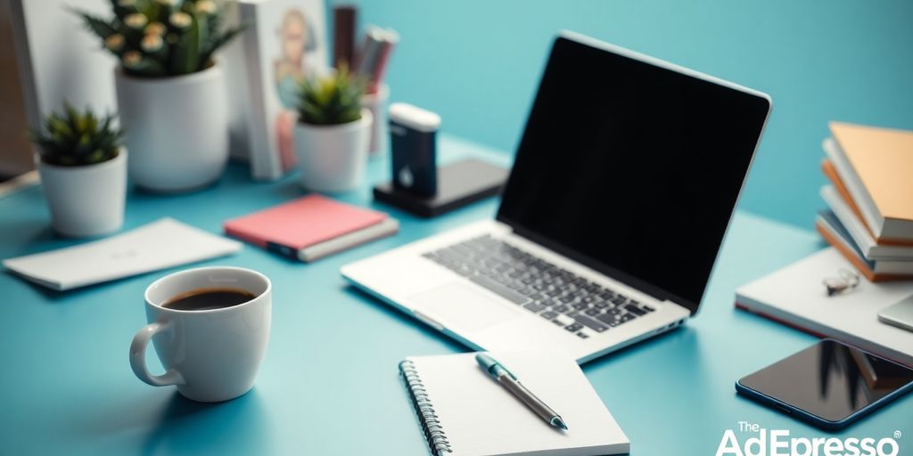 A laptop on a desk with coffee and notebooks, representing a productive workspace for managing AdEspresso campaigns.