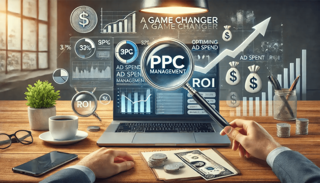 A professional office desk setup featuring a laptop displaying a PPC campaign dashboard with graphs and analytics. A business professional optimises ad spend with a magnifying glass, symbolising precision. Coins, dollar signs, and upward-trending arrows represent ROI growth, with additional elements like a coffee cup, notepad, and smartphone enhancing the realistic setting.