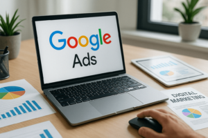 Workspace showing Google Ads dashboard and marketing reports, highlighting digital strategies related to the Google Ad Tech Monopoly case.