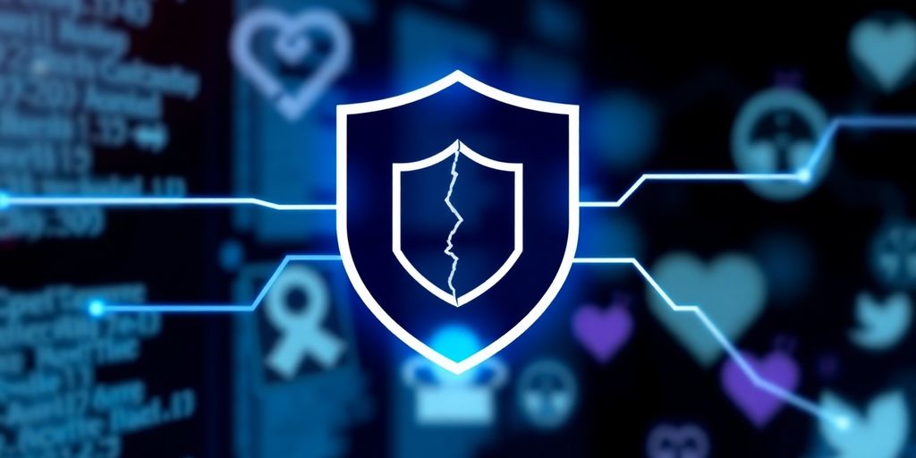 Shield icon with a crack symbolising a healthcare data breach and digital security failure.