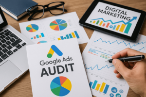 Expert Tips for Conducting a Successful PPC Ads Audit displayed through a workspace setup with charts, a Google Ads audit report, and digital marketing materials.