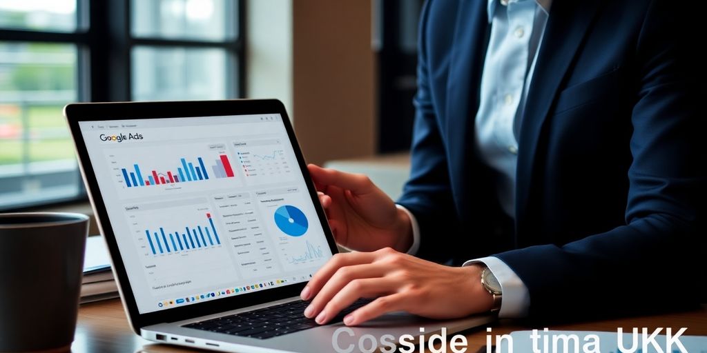 Business professional analysing Google Ads data in office.
