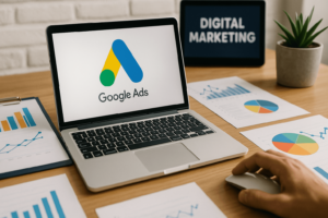 A laptop displaying Google Ads on screen surrounded by charts and graphs, symbolising a focused digital ads strategy.