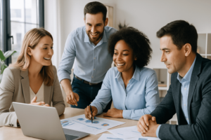 A diverse business team collaborating in a bright office, actively discussing documents and charts related to a digital ads strategy.
