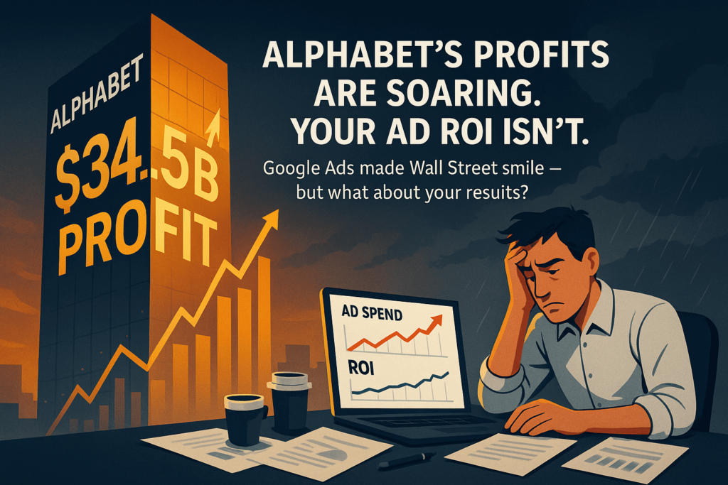 Illustration showing Alphabet’s $34.5B profit from Google Ads contrasted with a frustrated marketer facing rising ad spend and falling ROI.