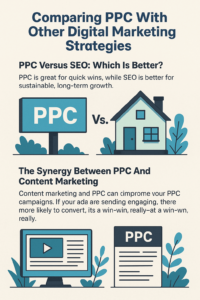 Infographic comparing PPC with SEO and content marketing, using visual metaphors of a billboard versus a house and digital content paired with ads.