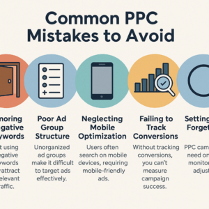 Infographic listing five common PPC advertising mistakes, including ignoring negative keywords, poor ad group structure, neglecting mobile optimisation, failing to track conversions, and setting and forgetting campaigns.