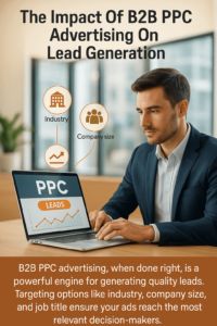Business professional using a laptop to review a PPC campaign dashboard, with icons representing targeting options like industry and company size.