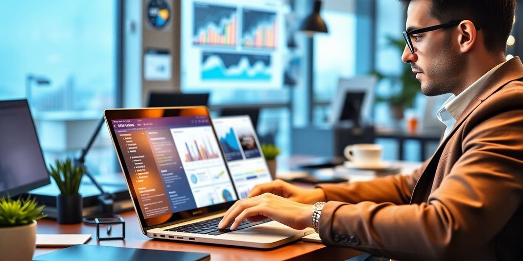 Digital marketing professional reviewing campaign analytics and ad performance dashboards on a dual-screen laptop in a modern office setting.