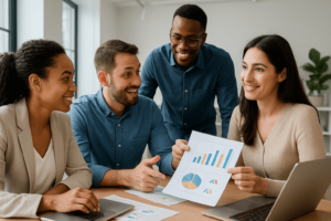 Expert Tips for Conducting a Successful PPC Ads Audit being discussed by a diverse marketing team in a bright, collaborative office space.