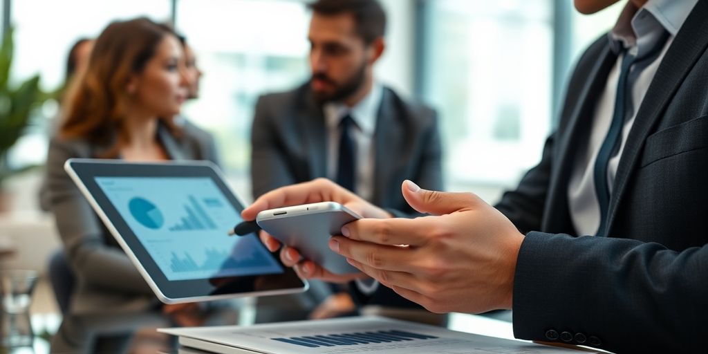 Business professional analyzing digital ad metrics on tablet.