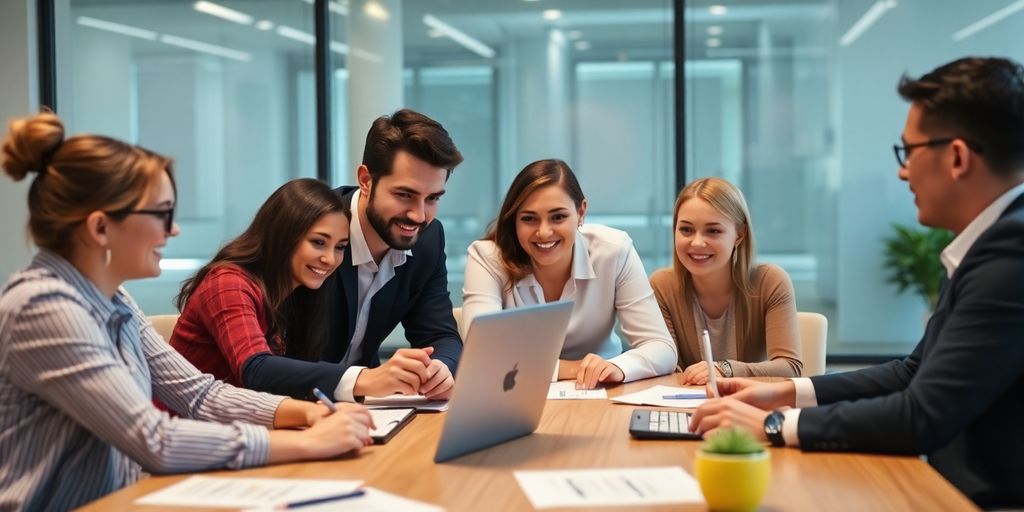 Team discussing digital marketing strategies in a modern office.