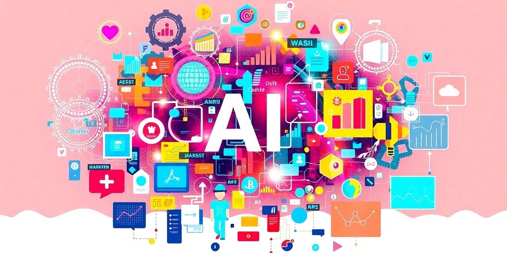Collage of AI and digital marketing elements in vibrant colours.