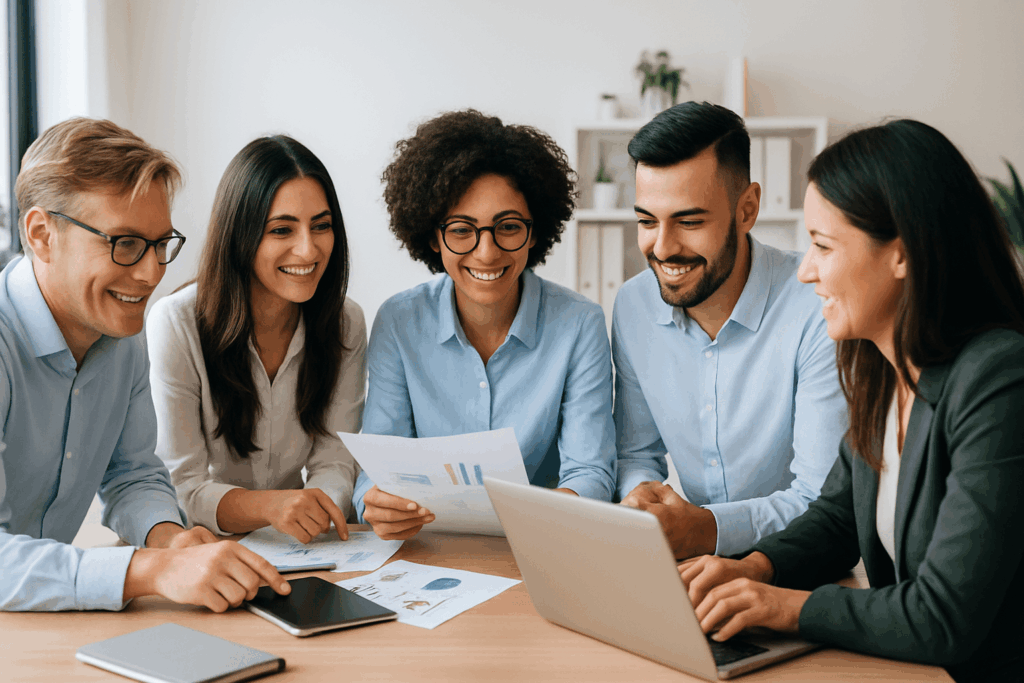 Diverse team of professionals discussing data around a laptop, representing how much does a PPC charge in 2025 in a modern office setting