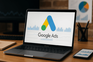 Google Ads revolutionises targeting with advanced analytics on a MacBook screen, showcasing digital marketing data and insights.