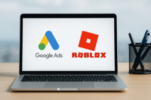 PPC News April 2025 - Google Ads and Roblox logos displayed together on a laptop.