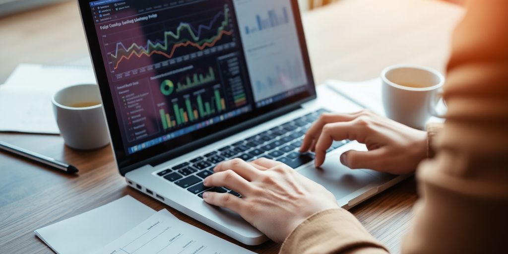 Person analysing PPC campaign data on a laptop with charts and graphs on screen