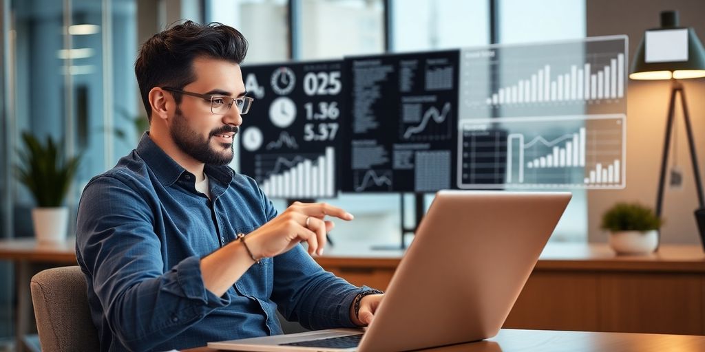 Man in a data-driven workspace using a laptop to understand what is PPC for small business and reviewing campaign analytics.