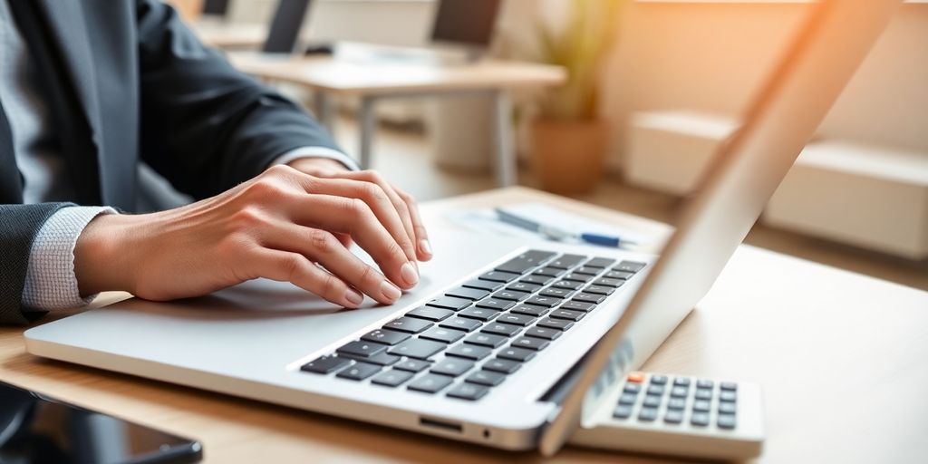 UK business person on laptop, money, calculator.