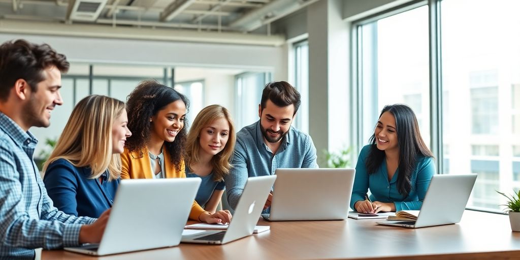 Professionals collaborating in a modern office space.