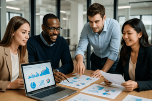 PPC News April 2025 - Diverse marketing team analysing PPC audit reports.