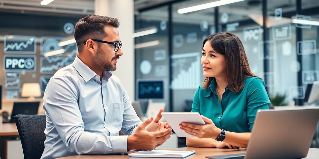 Two digital marketing professionals discussing strategy in a modern office with PPC dashboards