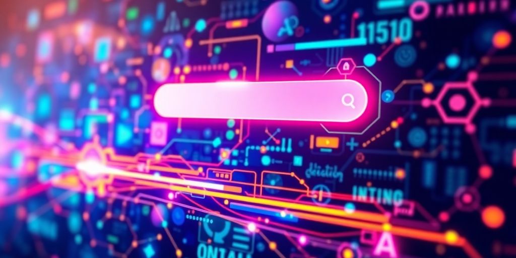 Futuristic search interface with AI elements and vibrant colours.