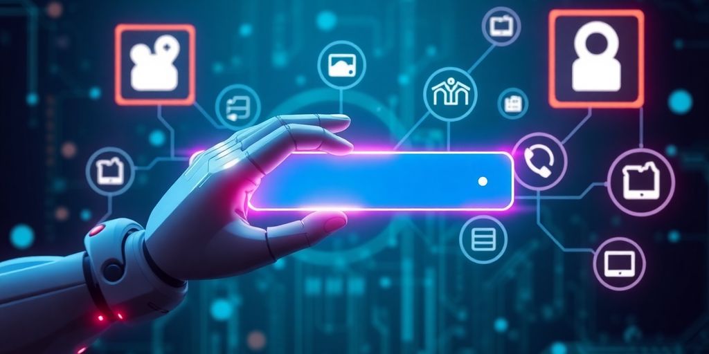 Futuristic hand interacting with a glowing search bar.