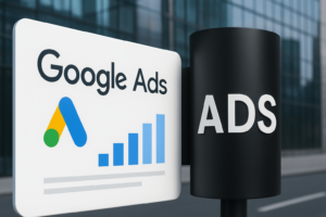  PPC News April 2025 - Google Ads signage with ad policy and inventory updates.