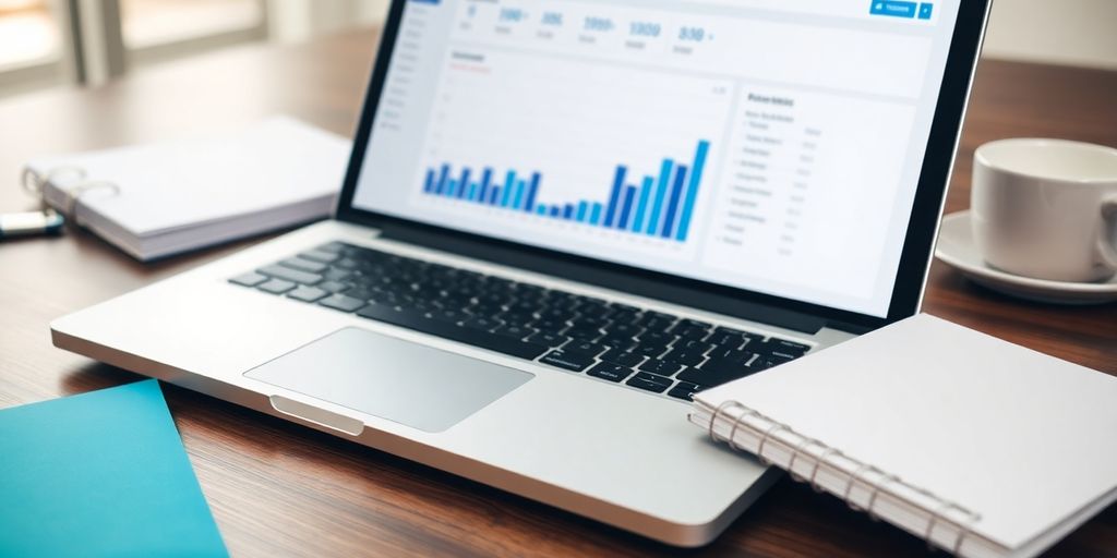Laptop with marketing dashboard and notepads on desk.