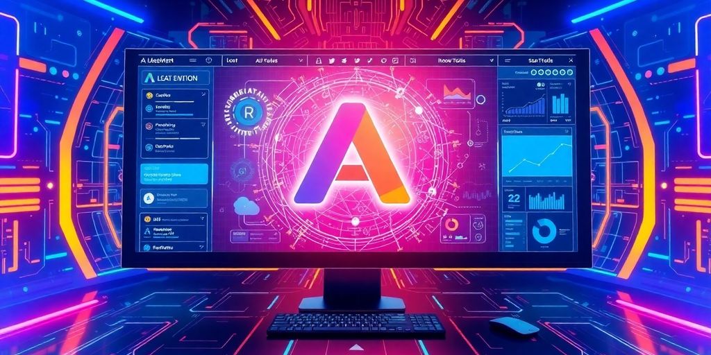 Futuristic digital interface with AI elements and vibrant colours.