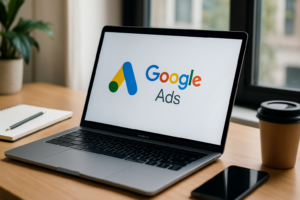 PPC News April 2025 - Google Ads dashboard open on a laptop in a modern workspace.