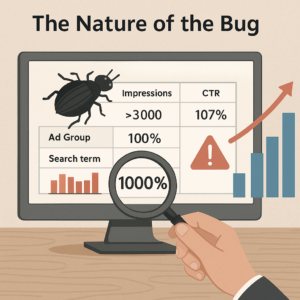 Illustration of a computer screen showing exaggerated PPC metrics like a 1000 percent CTR, with a bug icon and a magnifying glass highlighting the error