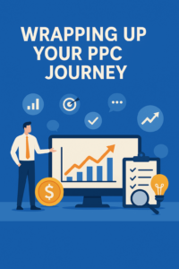 Illustration of a businessperson reviewing PPC results on a computer screen with charts, checklists, and icons representing growth and strategy