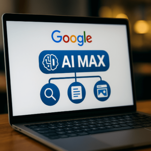 Laptop displaying Google AI Max interface with icons for search, text, and landing page automation 