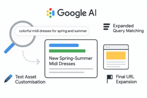 Illustration of Google AI Max features including query matching, ad customisation, and dynamic URL selection
