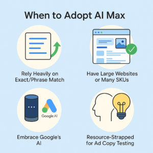 Illustration showing four reasons to adopt Google AI Max in advertising campaigns
