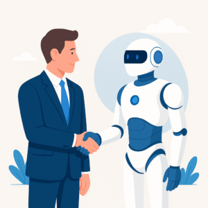 Illustration of a businessman shaking hands with a robot symbolising AI collaboration 