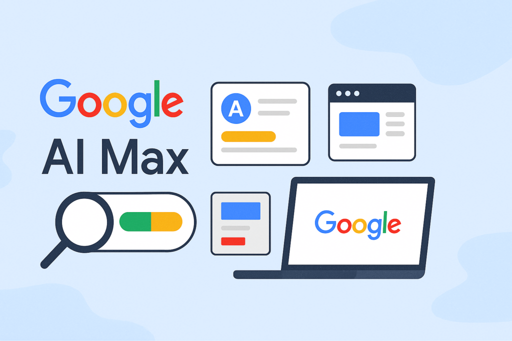 Digital illustration showcasing Google AI Max tools for search advertising