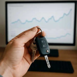 Hand holding car keys in front of a computer screen showing performance data