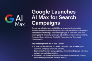 Graphic introduction to Google AI Max launch with summary points on search campaign enhancements