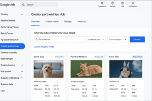 Google Ads Creator Partnerships Hub showing pet channel creators with audience filters and linking options