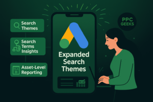 Illustration showing a marketer reviewing Google Ads Performance Max data on a laptop, with icons for Search Themes, Search Terms Insights, and Asset-Level Reporting. 
