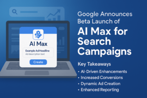 Digital illustration announcing Google's AI Max for Search campaigns, featuring icons for AI, conversion growth, dynamic ads, and reporting enhancements. 