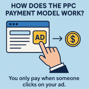 Illustration showing a hand clicking on an online ad with a coin symbol, representing the pay-per-click advertising model.