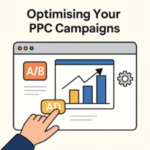 Illustration of PPC campaign optimisation showing a hand clicking on an ad, a graph with rising bars, and A/B testing icons on a computer screen.