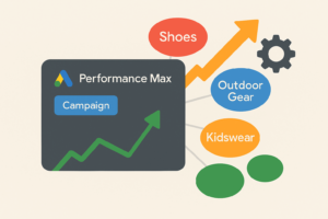 Illustration of a campaign dashboard displaying key metrics like impressions, conversions, and costs across multiple Google Ads channels, symbolising enhanced Performance Max reporting.