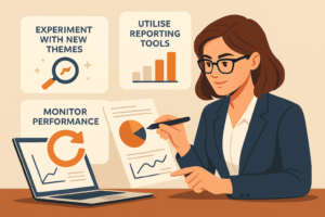 Illustration of a digital marketer reviewing campaign reports and charts, surrounded by tips encouraging advertisers to experiment with themes, utilise reporting tools, and monitor performance.